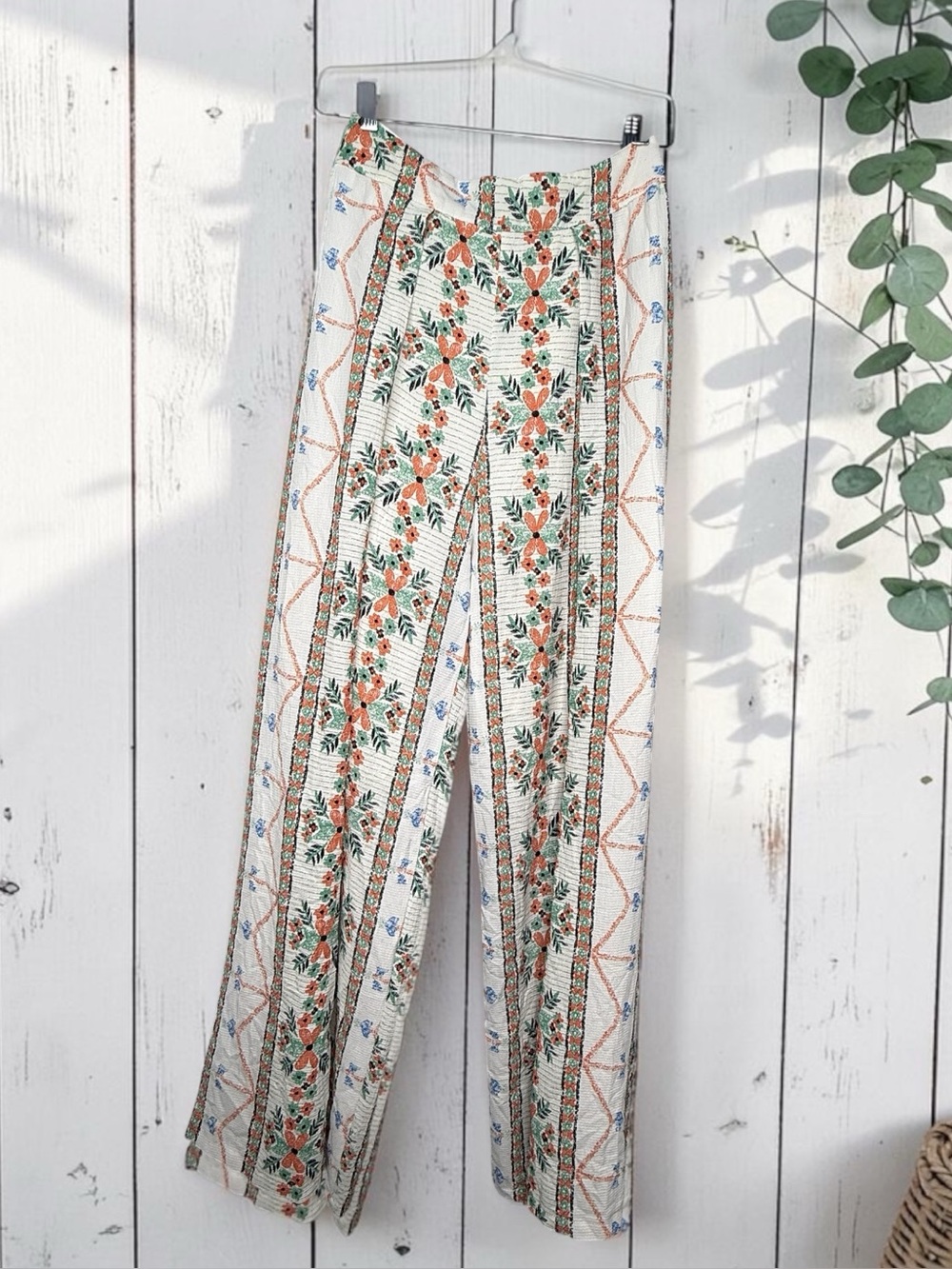 L'ATISTE White Wide-Leg Floral Stripe Pants with Orange & Green